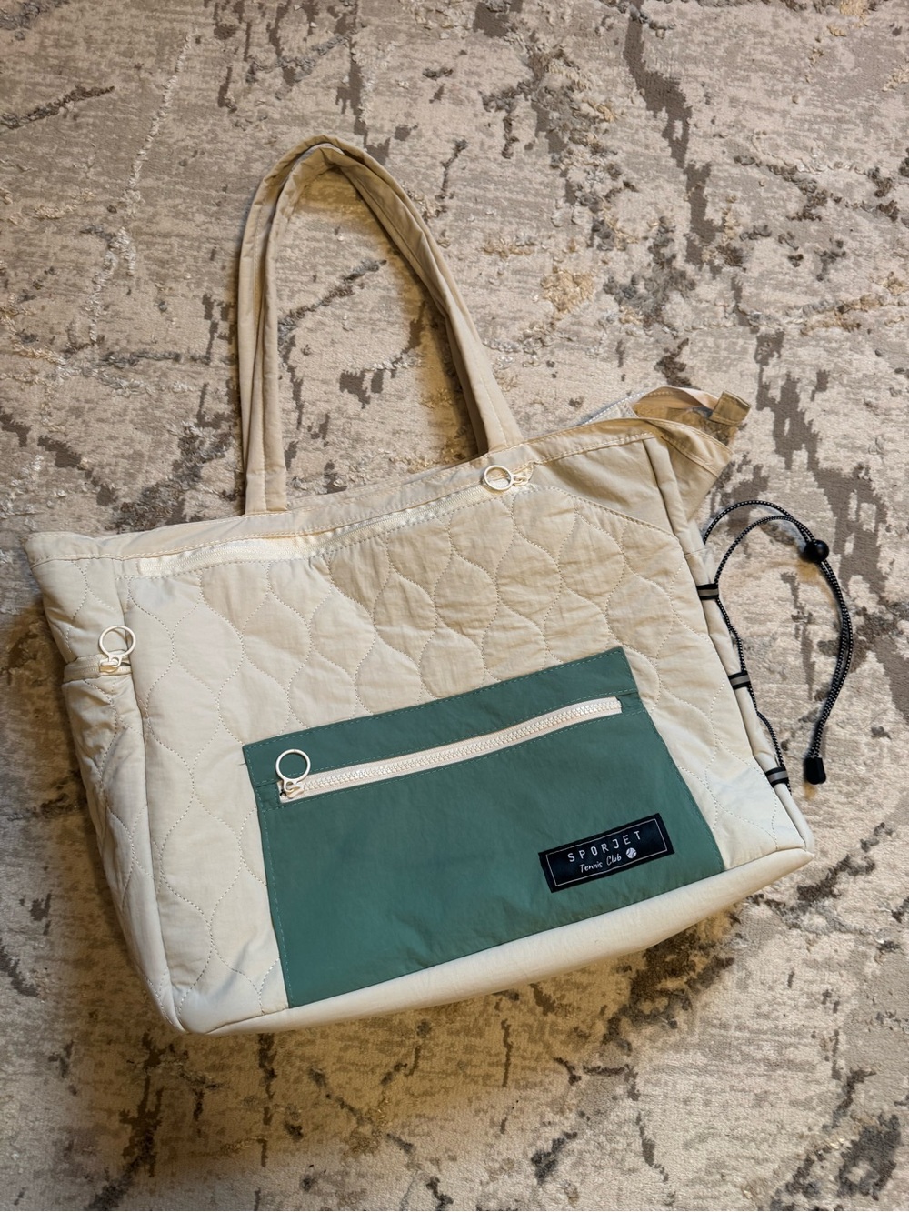 Large Quilted Tote Bag in Cream with Green Pocket. 20” x 14”